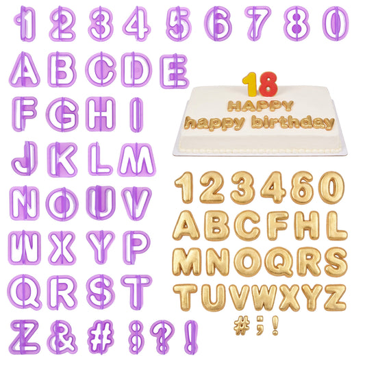 MBAIYO Fondant Letter Cutters Set, 40 Pcs Plastic Alphabet Molds, Clay Letter Stamps for Fondant, Cake Decorating Tools for Learning Letters, Number, Counting, and Crafting 0.94x0.83 Inch (Purple)