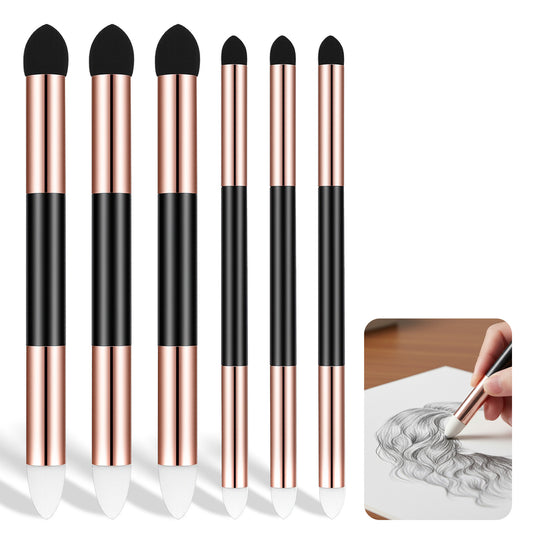 JJUNW 6pcs Artist Blending Sponge Pen, Double Headed Rub and Buff Washable Rubbing Sponge Brush Sketch Wipe Reusable Blending Stump for Artist Highlight Shadow Tool (Gold）