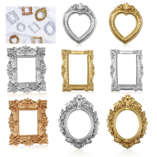 HJZHII 8Pcs Vintage Resin Picture Frames, Gold/Silver Retro Photo Frame Mini Picture Frames Small Antique Ornament TableTop Small Pictures Frame for DIY Photo Jewelry Display Wall Table Decor