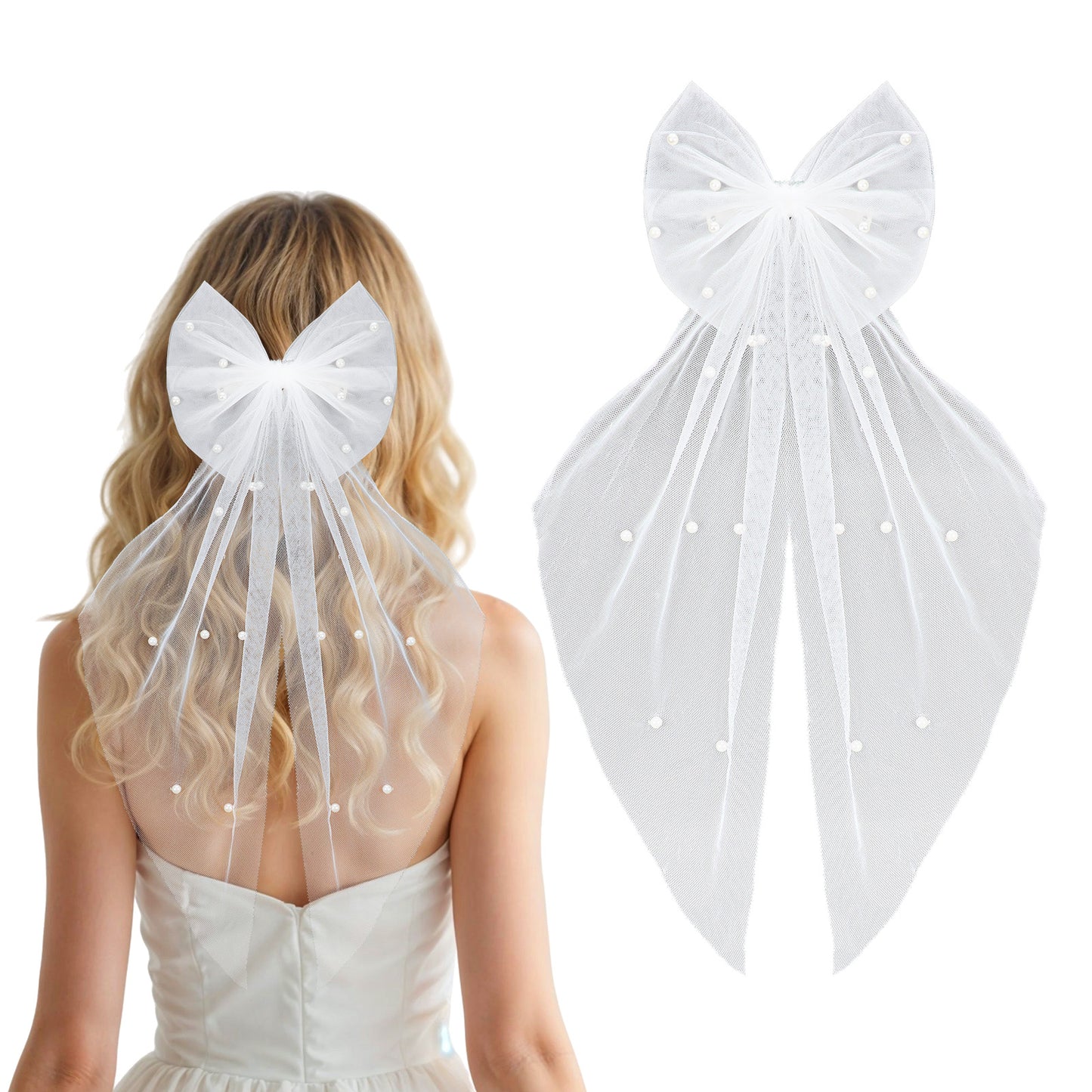 BOHUIZ White Hair Bow Veils for Brides, Large Bridal Pearl Hair Pins Wedding Accessories Bachelorette Party Decorations Short Veils for Bridal Bridesmaid Gift