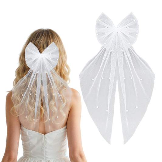 BOHUIZ White Hair Bow Veils for Brides, Large Bridal Pearl Hair Pins Wedding Accessories Bachelorette Party Decorations Short Veils for Bridal Bridesmaid Gift