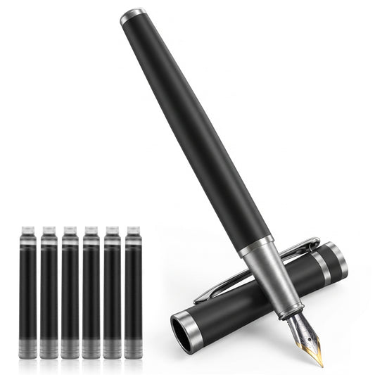 Molain Luxury Metal Fountain Pen Set, 0.5 mm Fine Nib Fountain Pen with 6 Pcs Black 2.6mm Ink Cartridges Smooth Writing Pen Gift for Men Women Journaling Office Business