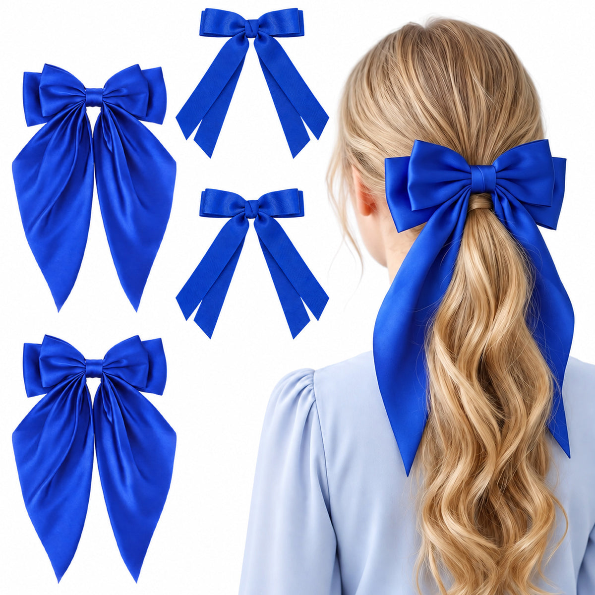 GEEHUA 2PCS Royal Blue Hair Bows Long Tail Satin Bow Clips for Women 2Style