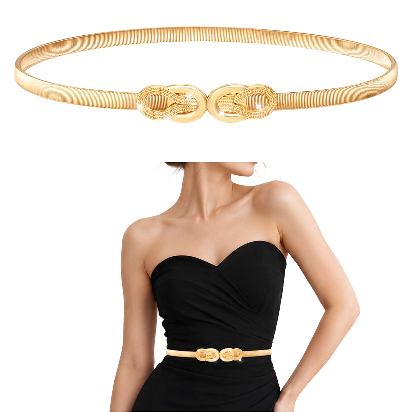 JJUNW Skinny Metal Cinch Belt, Skinny Metal Elastic Waist Belt for Women, Fashion Adjustable Thin Waist Gold Belts for Dresses Versatile Stretch Elastic Belts