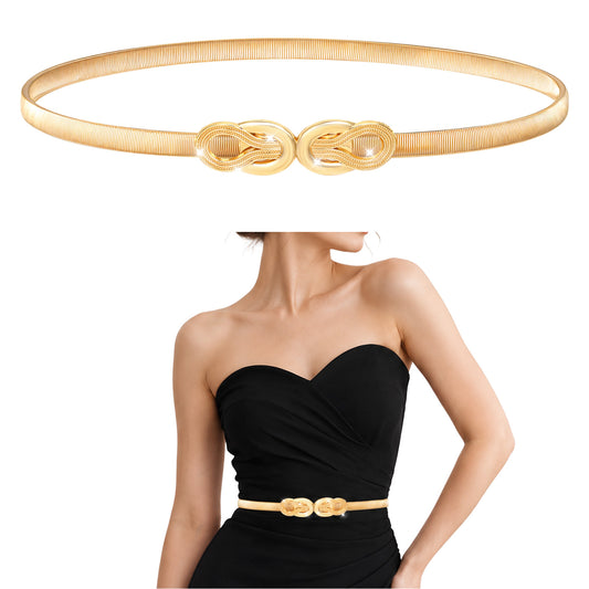JJUNW Skinny Metal Cinch Belt, Skinny Metal Elastic Waist Belt for Women, Fashion Adjustable Thin Waist Gold Belts for Dresses Versatile Stretch Elastic Belts