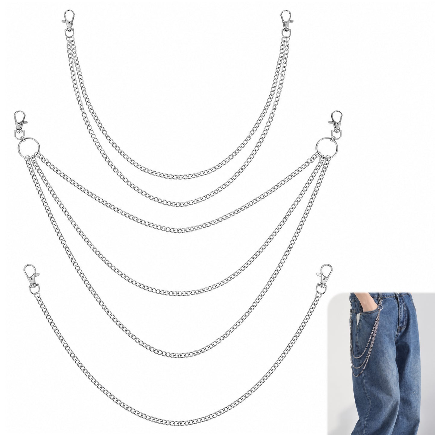 SULIKJHUI 3 Pcs Belt & Pants Chains for Women & Men, Zinc Alloy Jean Chains