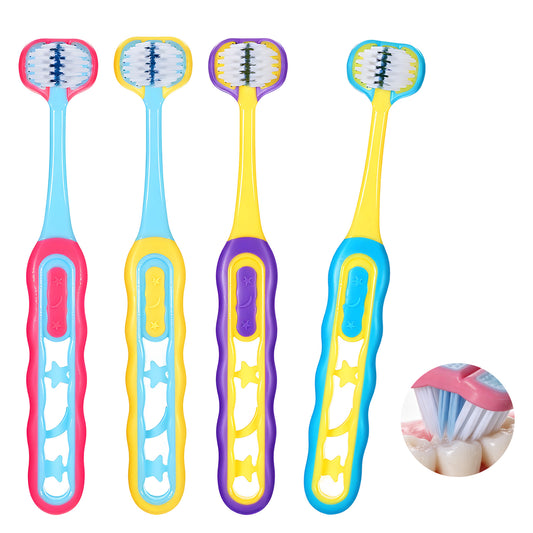 HJZHII 4pcs Toddler Toothbrush, Soft Bristles 3 Sided Toothbrush Infant Training Tooth Brush Easy Grip Handle & Complete Care Comfortable for Sensitive Gums for Ages 1-12 Years 4 Fun Colors