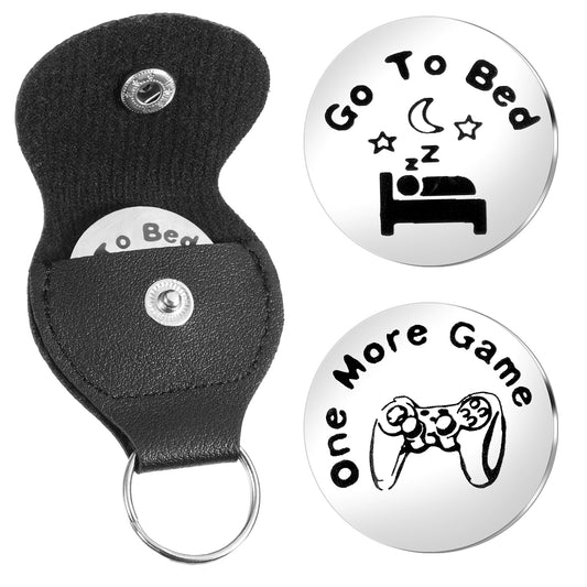 Giantree Decision Coin, One More Game Go to Bed Pocket with Leather, Couples Gifts Decision Maker, Stainless Steel Flipping Challenge for Couple Boyfriend Girlfriend Game Lovers Birthday