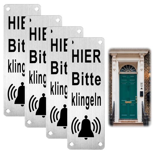 MBAIYO Pack of 4 Bell Sign, "Bitte hier Klingel", Self-Adhesive Waiting Sign, Small, 15 x 5 cm, Weatherproof Adhesive Sign, Stainless Steel, Vertical Labels, Ring, Doorbell Accessories for Front Door