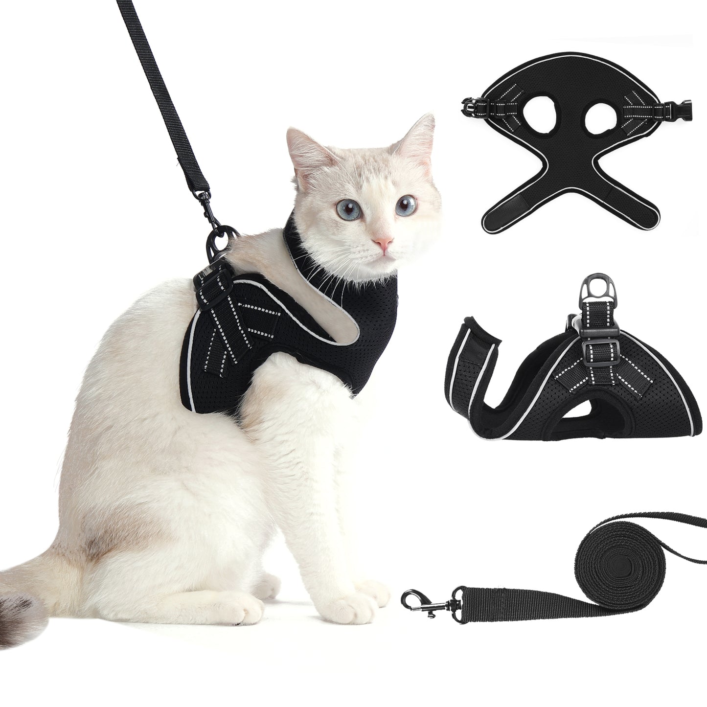 Molain Cat Leash and Harness Set Black Kitten Harness Adjustable Escape Proof Breathable Harness and Leash Cat Walking Soft Adjustable Kitten Harness with Reflective Strips Outdoor (Medium(13''-16''))