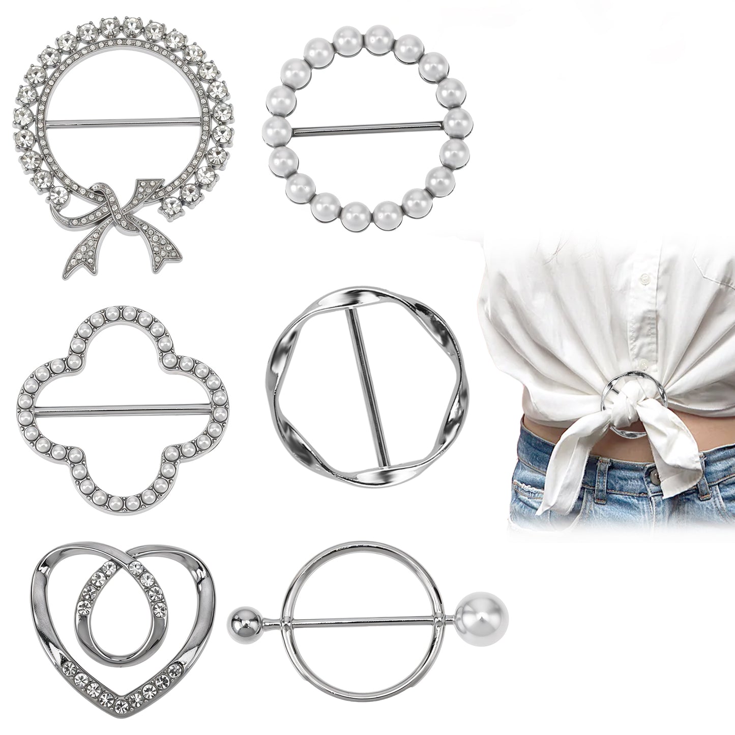 Molain 6PCS Scarf Ring Clip Shirt Clip T-Shirt Tie Ring Clips for Women and Slide Tshirt Twist Knot Clip Buckle Circle Clothing Ring Wrap Holder Metal Tshirt Clips and Rings(Silver)