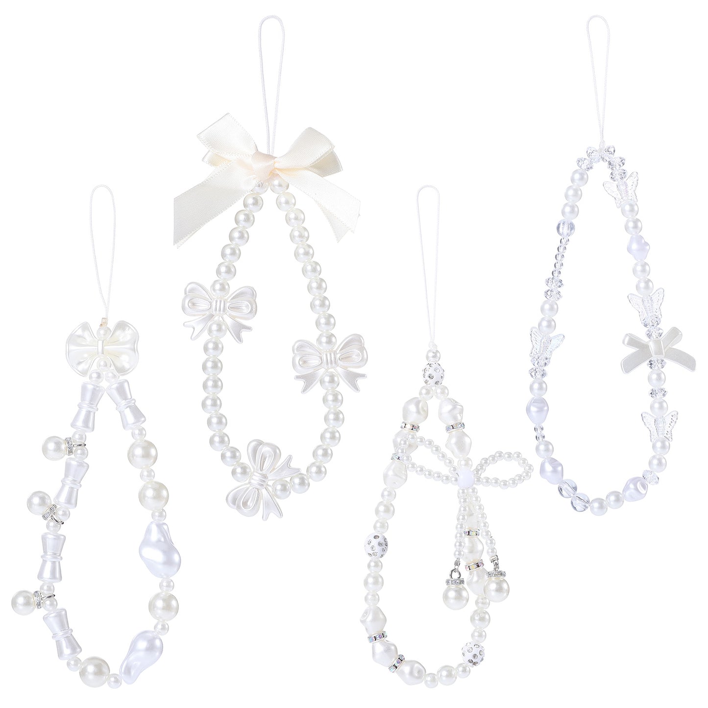 Yuanchu 4pcs Phone Charms Strap, Butterfly Bow Lanyard Beaded Keychain Bracelet Pearl Camera Wrist Strap for Women Cute Wristlet Case Chain Charm Digital Accessories