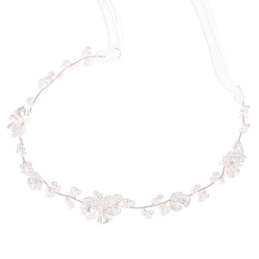 HJZHII Flower Girl Headpiece Headband, White Pearl Flower Headband Princess Girl Wedding Hair Accessory Hair Band for Girls Birthday Party First Communion