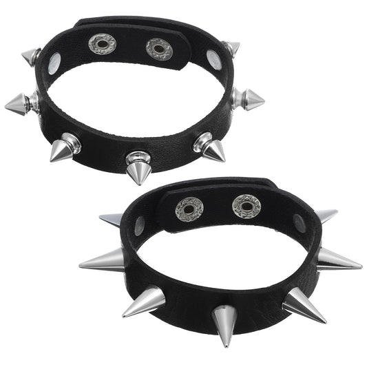 JIYIN 2Pcs Punk Rock Spike Bracelet, Adjustable Leather Studded Bracelet Black Emo Bracelets Gothic Jewelry for 80s 90s Vintage Womens Men Halloween Punk Gift