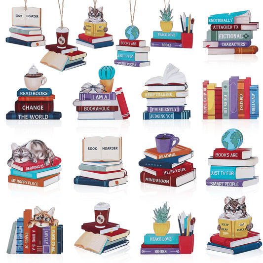 Andibro Wooden Christmas Book Tree Ornament, Books Stacked Decor, Xmas Hanging Signs Decoration Library Bookshelf Ornaments Wood Book Gardening Lovers Gifts for Party Plant Book Lovers Bookworm