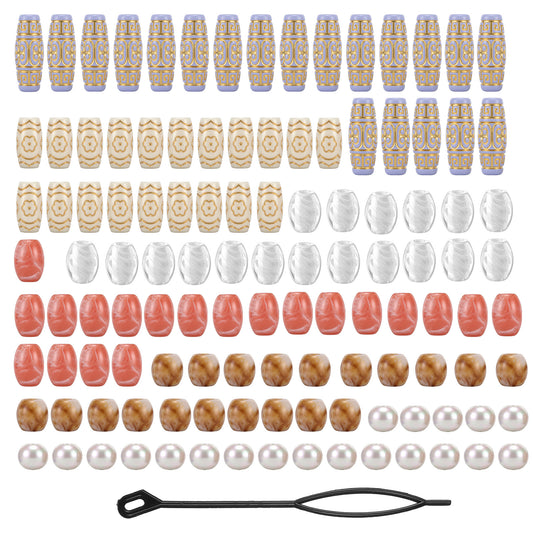 Amabro 120Pcs Hair Beads for Braids Loc Dreadlock Wooden Style Hair Beads for Women Men Jewelry Accessories Hair-Tube Decoration DIY Hairs Cuffs Braid Charms with Hairs Threader