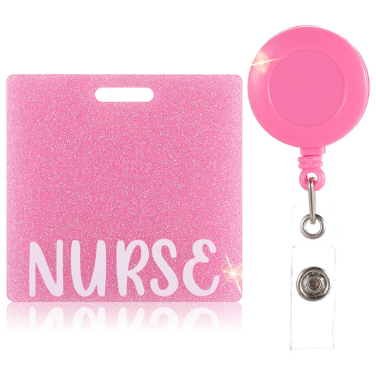 AOZUO Nurse Badge Buddy, Glitter Nurse Name Tag Badge Card Holder Bling Acrylic Nursing Identification ID Badge Card Accessories with Retractable Clip for Women Coworkers Resident Nurses(Pink)
