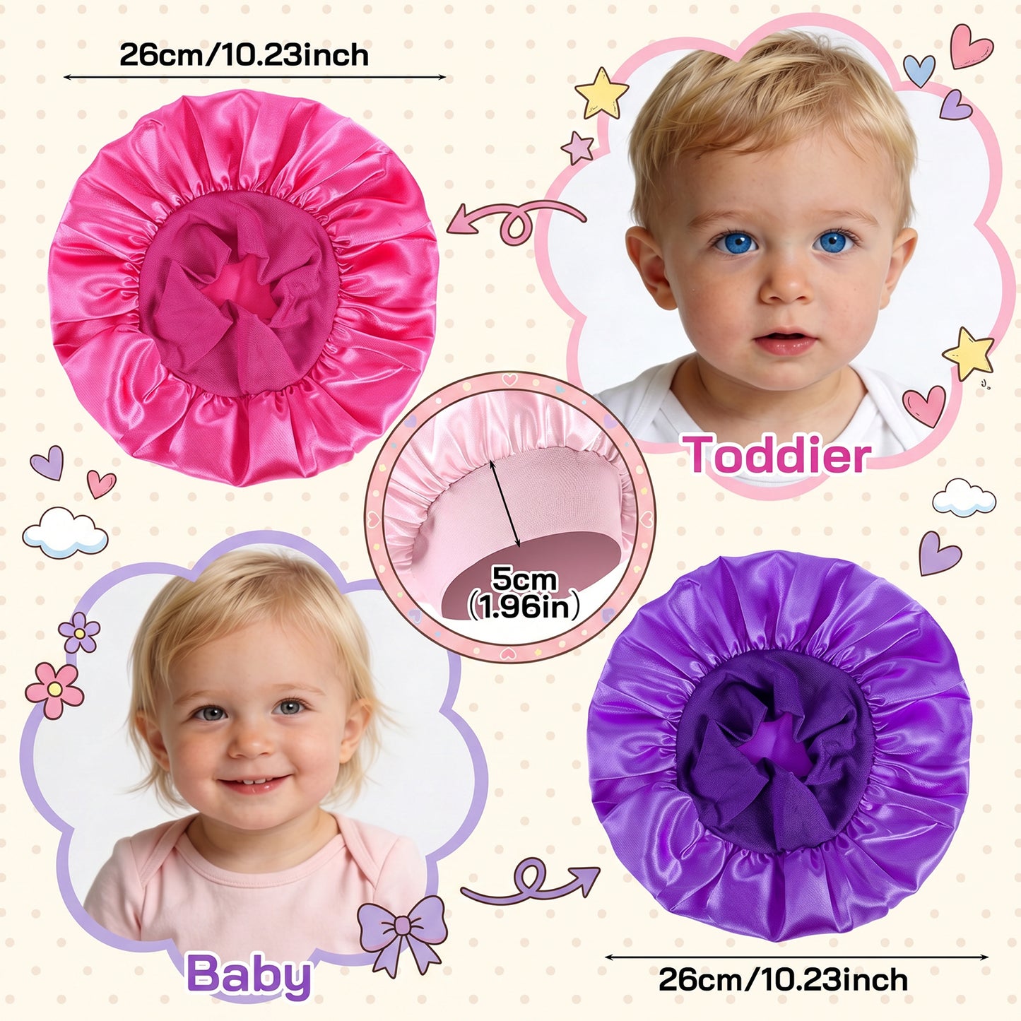 XLIUAX 3 Pcs Bonnets for Babies, Polyester Sleep Caps with 1.96 Inch Wide Brim (10.23 Inch Diameter, Pink+Rose+Dark Purple)