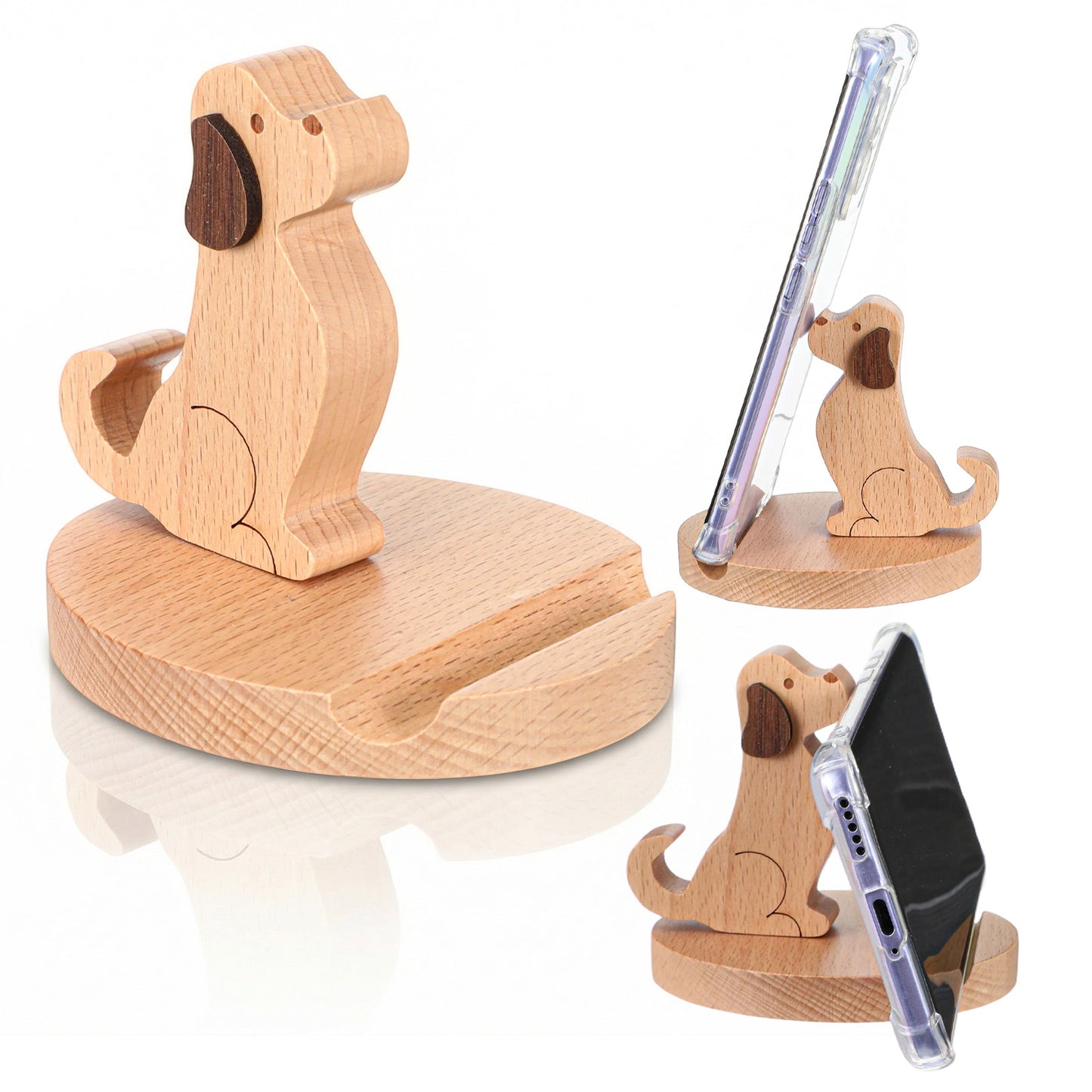 DOPENSPI Dog Phone Holder, Wooden Desk Phone Stand Holder Cute Dog Cellphone Stand Puppy Wooden Desk Holders Mobile Phones Stands for Universal Cellphones Home Office Decorative