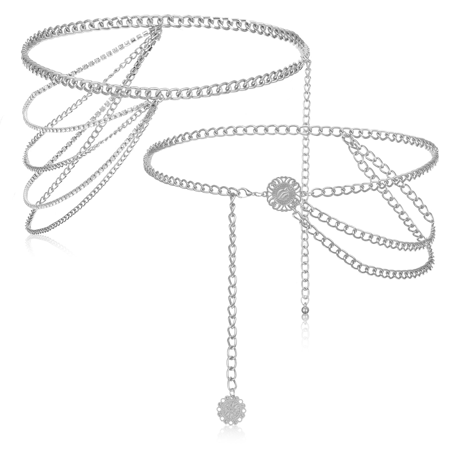 WJIAAA 2 Pcs Gold Chain Belt for Women, Gold Waist Chain Belt, Rhinestone Sparkly Belly Chains with Sunflower Pendant, Fit Waist Circumference less than 39in for Party Rave Body Jewelry(Silver)