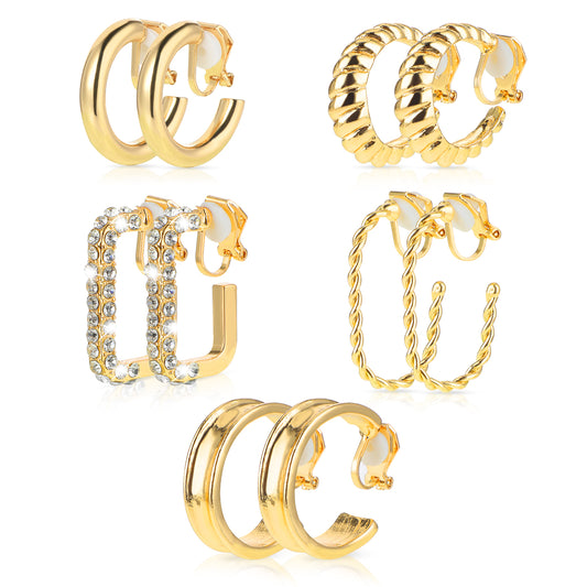 BOHUIZ 5 Pairs Gold Clip On Hoop Earrings for Women, Stylish Chunky Gold Hoops Earrings Set Golden Clip on Earring No Piercing Fake Earring Set for Women Birthday Party Festival Daily Matching