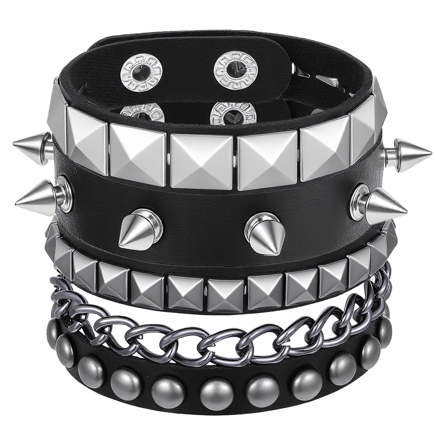 LIQWEI 3Pcs Punk Studded Bracelets, Goth Spike Bracelets, Leather Cuff Bracelet for Men Women, Adjustable Metal Wristband for Halloween Accessories for Rocker Outfits
