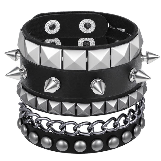 LIQWEI 3Pcs Punk Studded Bracelets, Goth Spike Bracelets, Leather Cuff Bracelet for Men Women, Adjustable Metal Wristband for Halloween Accessories for Rocker Outfits