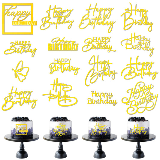 TIESOME 16PCS Gold Happy Birthday Cake Toppers, Gold Mirror Acrylic Cake Inserts Side Cake Topper Decorations Cupcake Toppers for Birthday Party Cake Desserts Pastries