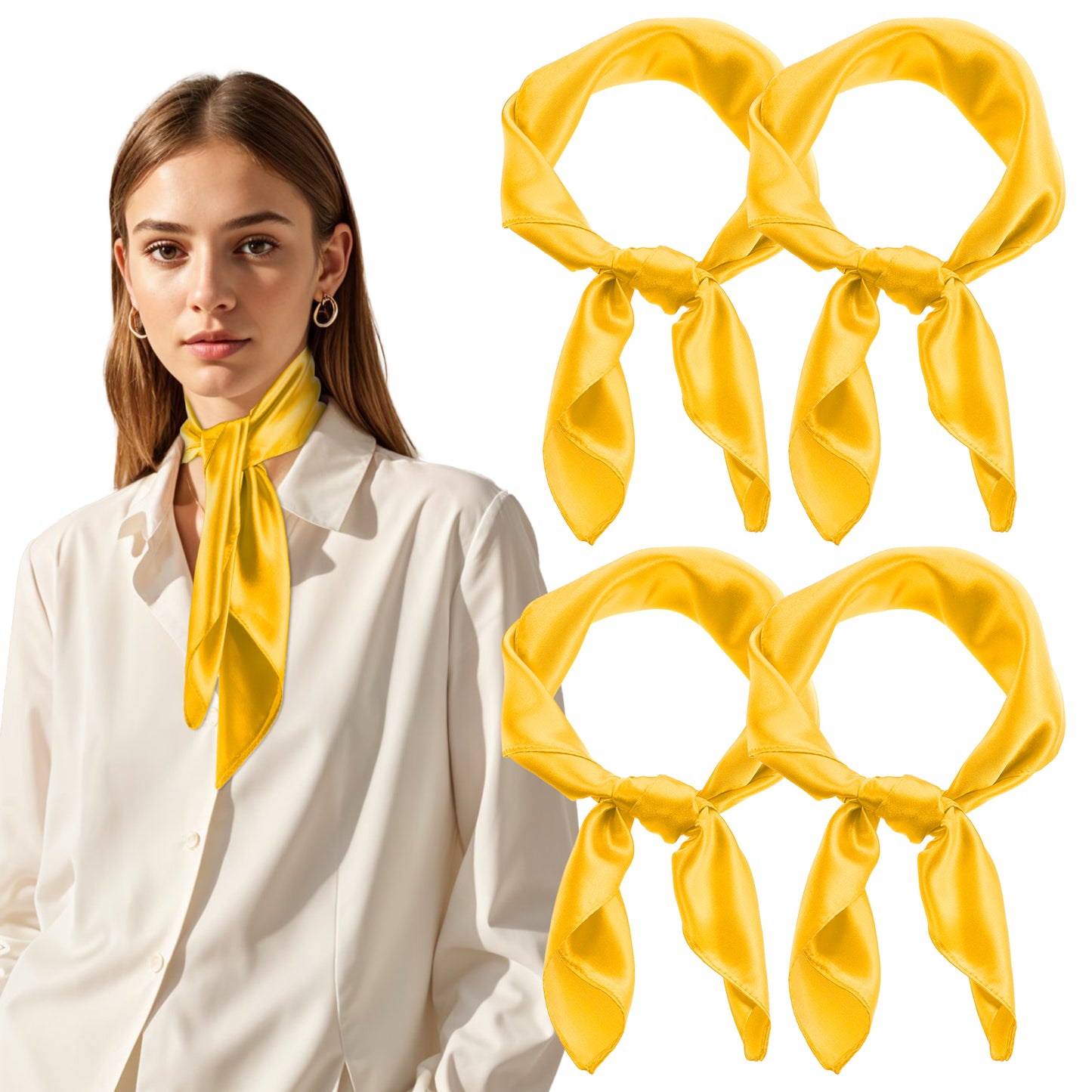 simarro 4Pcs 23.6 Inches Silk Feeling Scarf Satin Head Scarves for Women, Breathable Fashion Square Neck Scarf for Handbags(Yellow)