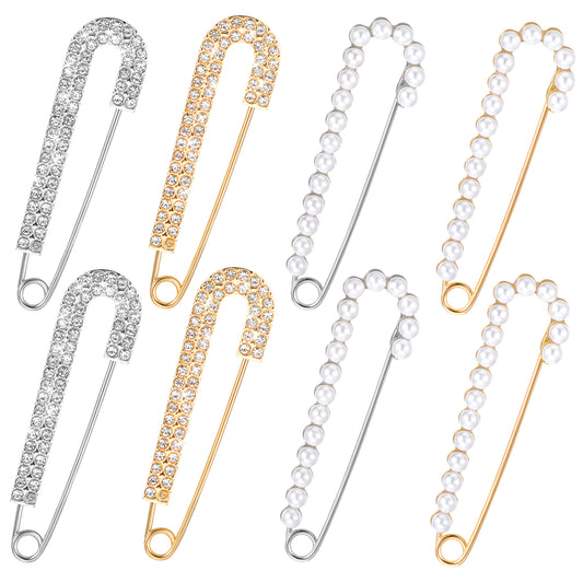 AOZUO 8pcs Brooche Pins for Women, Rhinestone Safety Pins Pearl Sweater Shawl Hat Clips Cardigan Collar Brooch Clips Waist Tightener Safety Pins for Cloak Pant Shirt Dress Clothes Decorative