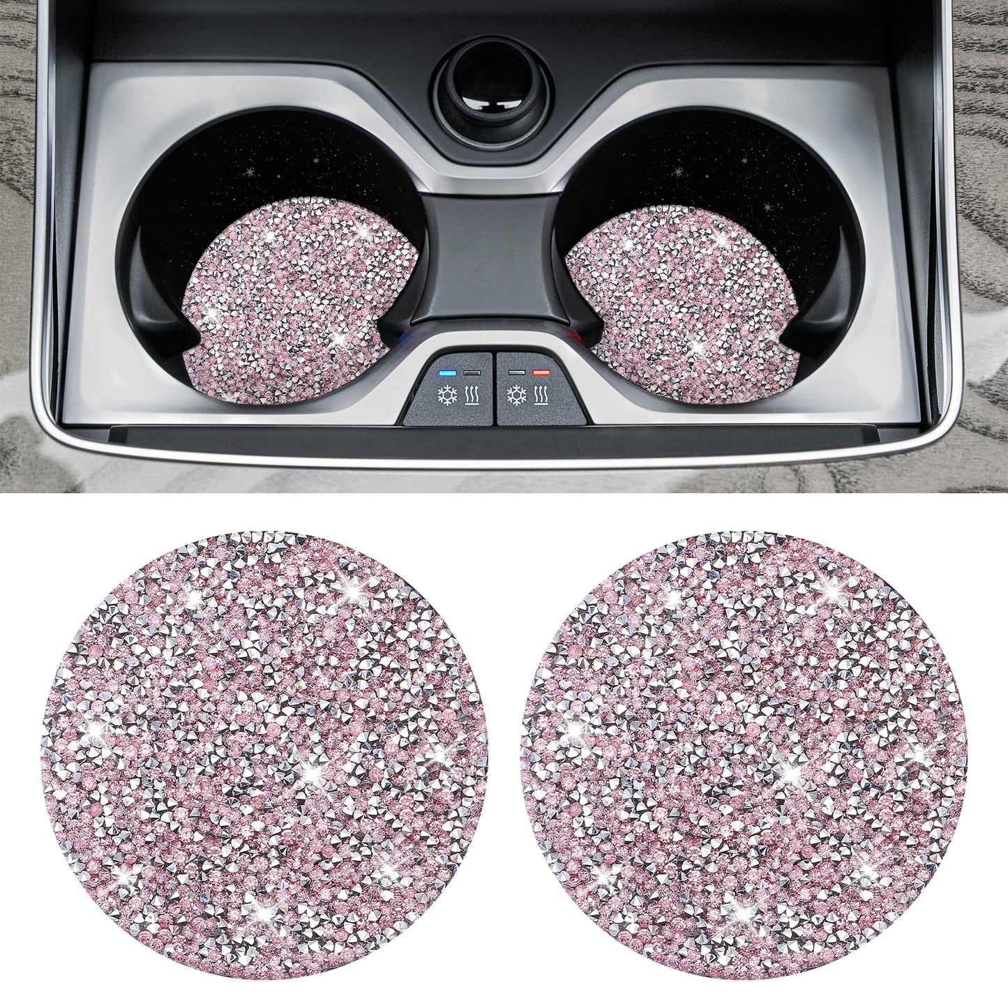 AOZUO Car Cup Coaster, 2pcs Bling Cup Holders Crystal Rhinestone Anti-Slip Shockproof Vehicle Holders Coasters Drink Car Cup Mat Universal Insert Automotive Interior Accessories for Women(Pink)