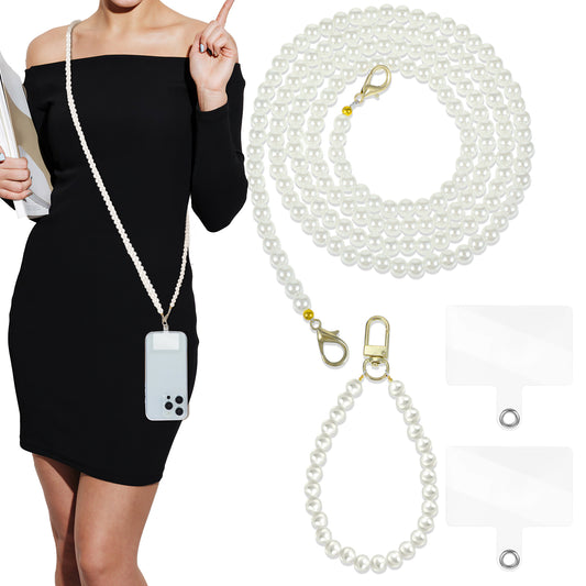 HJZHII 2pcs Pearl Phone Lanyard, Hand-Free Phone Wrist Strap Anti-Lost Pearl Beaded Detachable Crossbody Phone Chain with 2pcs Tether Pads for Camera Shoulder Bag
