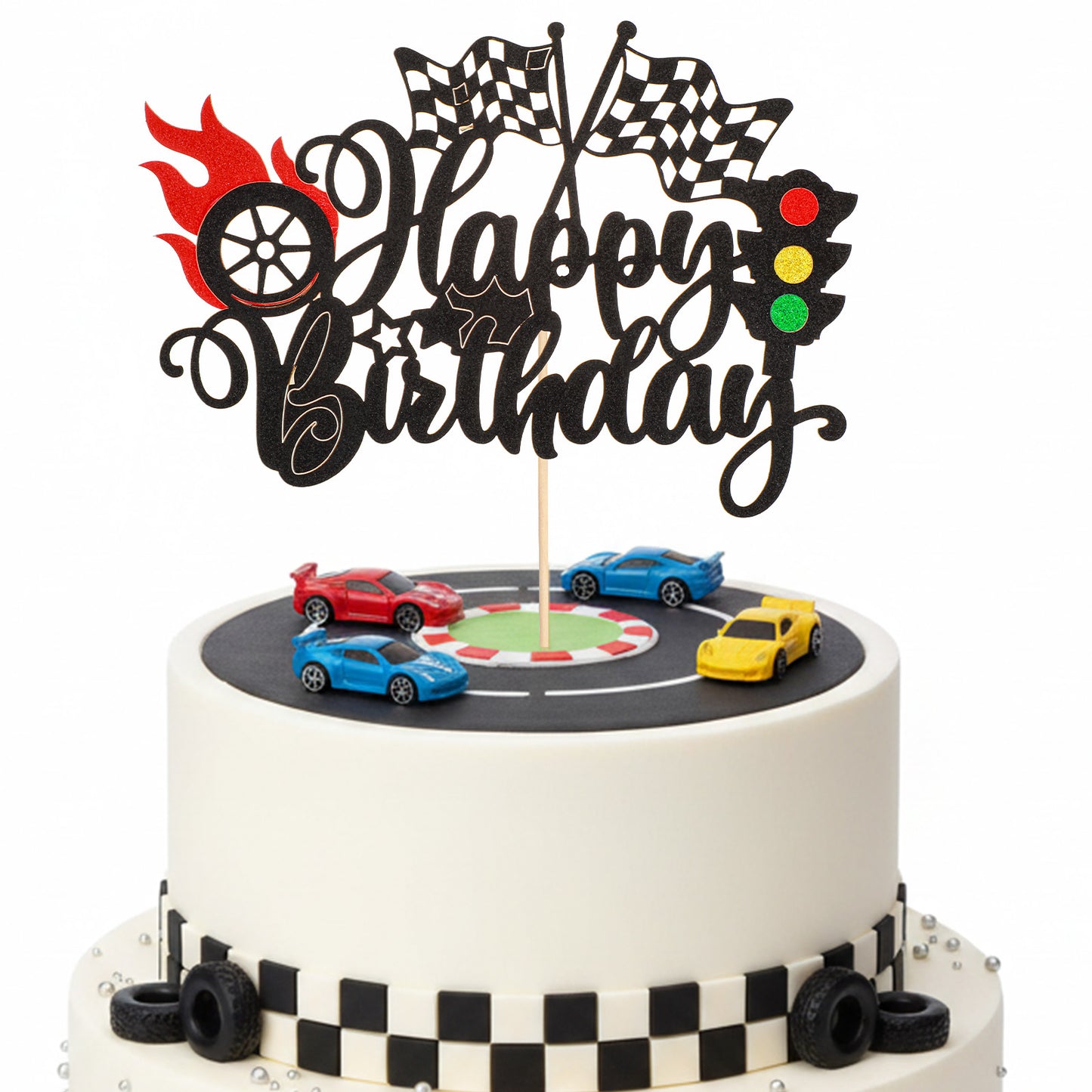 Molain 1Pcs Race Car Happy Birthday Cake Topper, Glitter Traffic Light Trophy Flag Car Cake Topper Race Cars Checkered Flag Theme Decorations for Car Theme Party Supplies