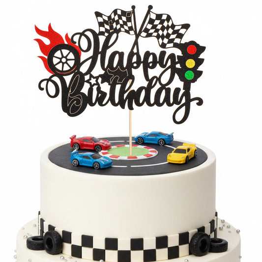 Molain 1Pcs Race Car Happy Birthday Cake Topper, Glitter Traffic Light Trophy Flag Car Cake Topper Race Cars Checkered Flag Theme Decorations for Car Theme Party Supplies