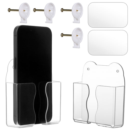 Bewudy 2 Pcs Wall Mounted Phone Holder, Clear Phone Shelf Self Adhesive with Charging Hole Compatible with All Smartphones, Cell Phone Cradle Bedside Organizer Remote Control Stand for Home Office