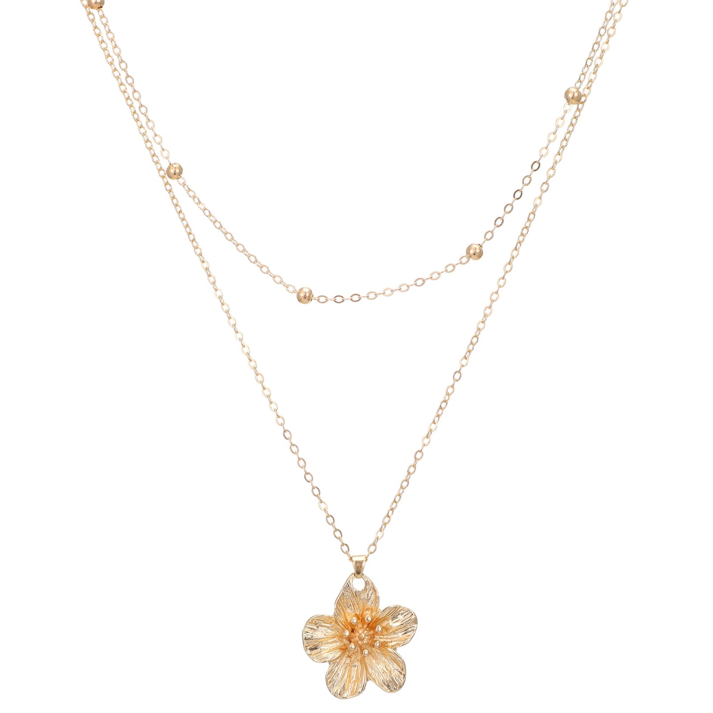 DOPENSPI Gold Flower Pendant Necklace for Women, Gold Metal Folded Flower Necklace Stainless Steel Double Layered Chain Necklaces Choker Adjustable Boho Jewelry Gift for Birthday Holiday Party Present