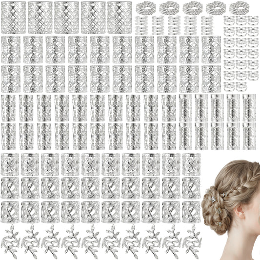 JJUNW 130Pcs Gold Dreadlock Beads Locs Accessories, Hair-Dreadlock Accessory Braid, Jewelry For Braids Adjustable Cuffs Braiding Hair Rings for Dreadlock Accessory Jewelry Decorations(Silver)