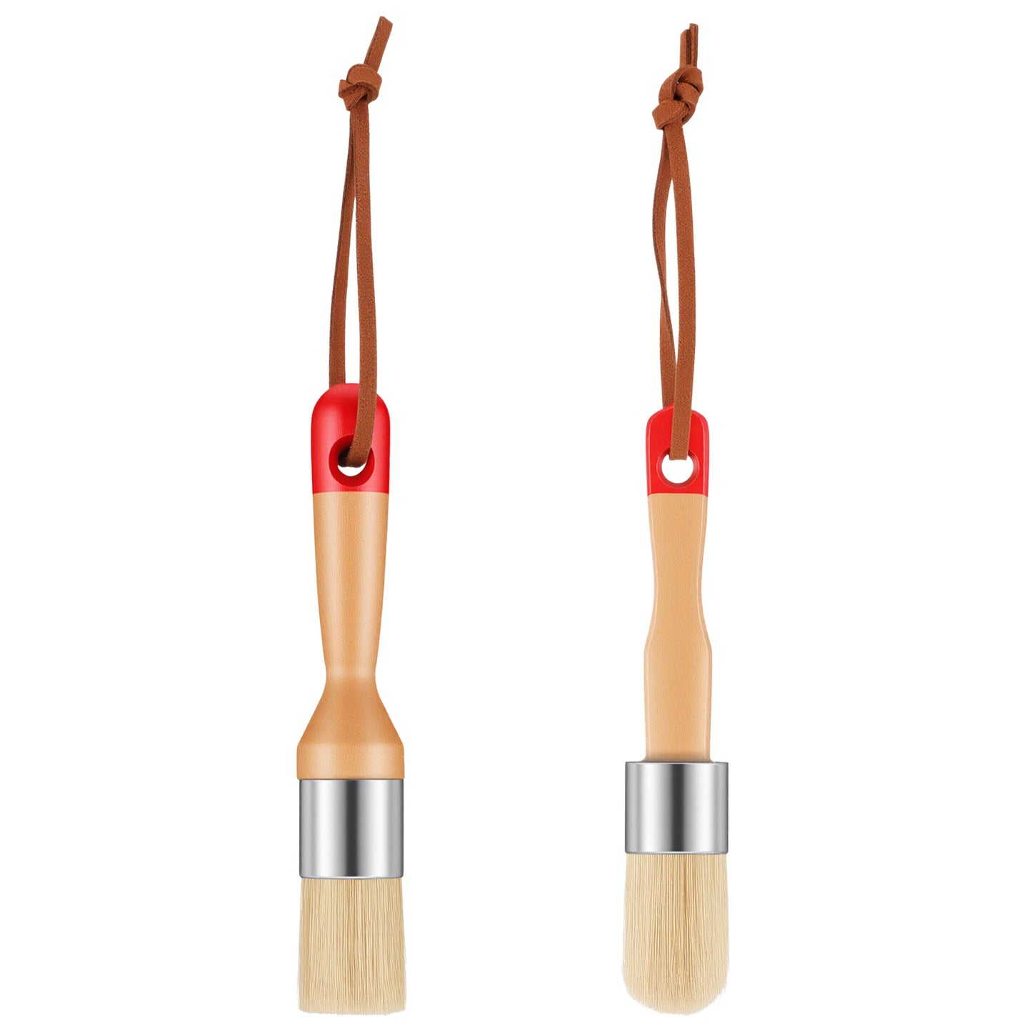 WJIAAA Chalk Paint Brush, 2 Pack Natural Bristle Round and Oval Wax Brushes for Furniture, Wood Handle Stainless Steel Ferrule for Home Decor DIY Art Crafts(Red)