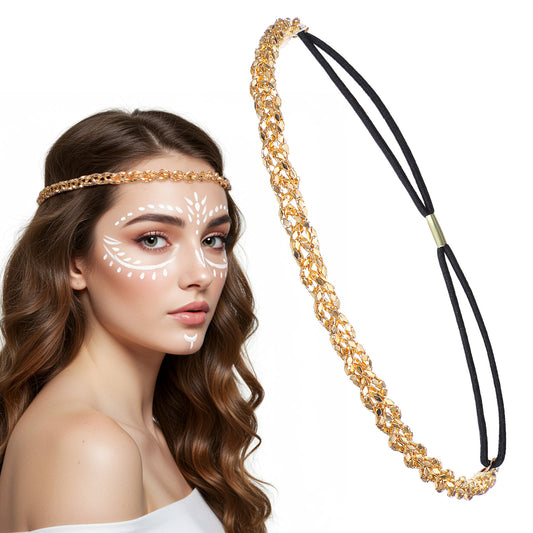 IANFAN Gold Elastic Rhinestone Hairbands, Adjustable Crystal Headband 70s Vibe Sparkly Head Chain Diamond Hair Bands Accessories for Singing, Dancing, Weddings, Party