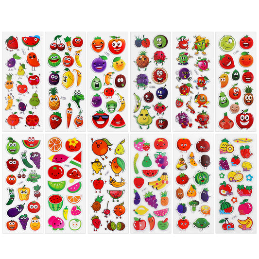 HJZHII 12 Sheet Variety Puffy Stickers for Kids, Cute Fruits Vegetables Sticker Colorful Children 3D Stickers Kid Stickers for Party Bag Fillers Rewarding Gifts Scrapbooking(Fruits Vegetables)