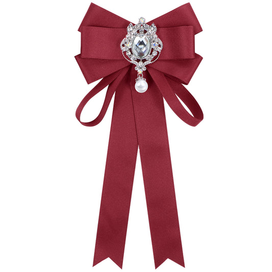 HJZHII Womens Bow Tie, Rhinestone Pearl Ribbon Bow Pre Tied Adjustable Neck Tie Detachable Ribbon Tie Bowtie for Wedding Party Ball Club(Red)