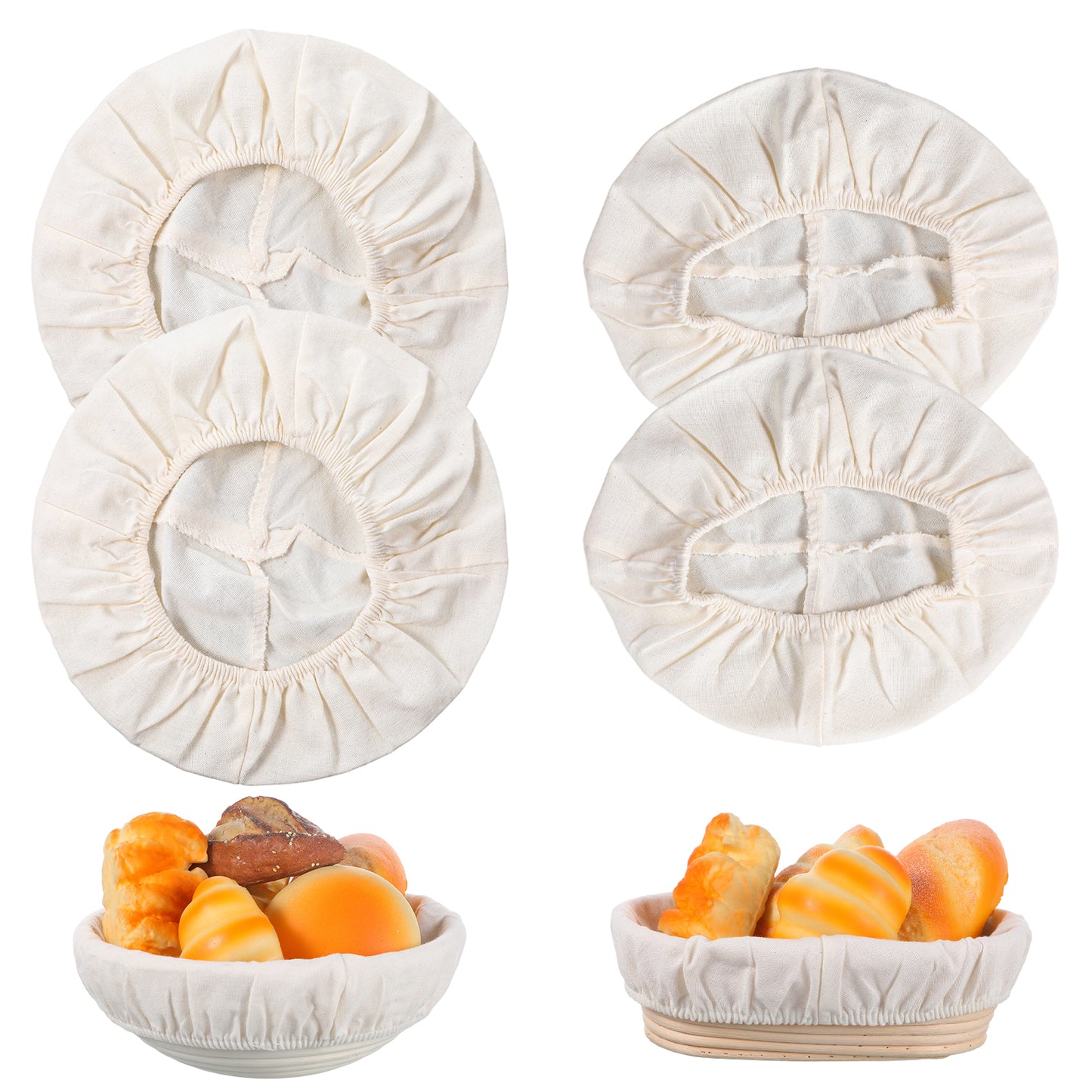 SULIKJHUI 4 Pcs Banneton Liner, Proofing Basket Cover, Cotton Proofing Basket Liner for Sourdough Bread Baking, 2 Round & 2 Oval Covers (Off-White)