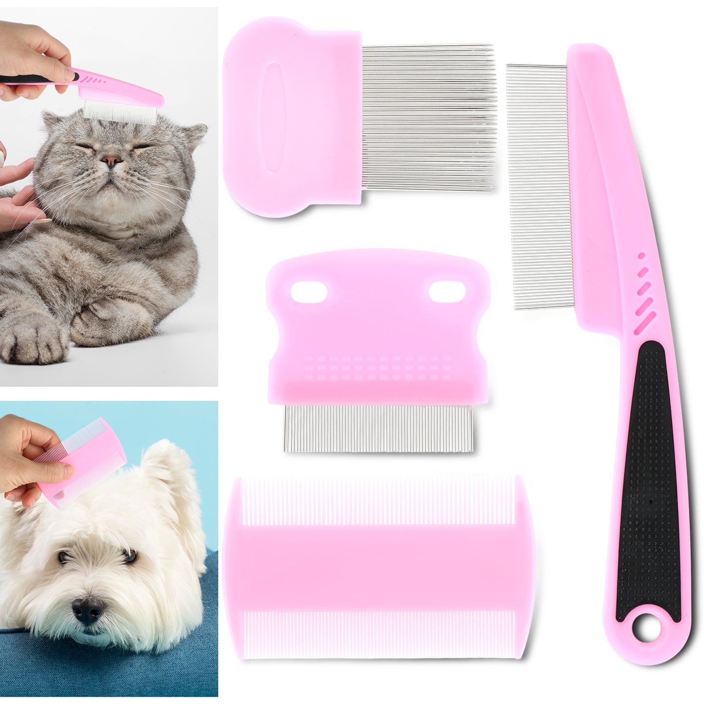 Molain Cat Dog Tear Stain Remover Comb Set, Pet Flea Lice Comb Grooming Comb Pet Hair Removal Tool Fur Comb for Puppy Kitten Multifunction (Pink)