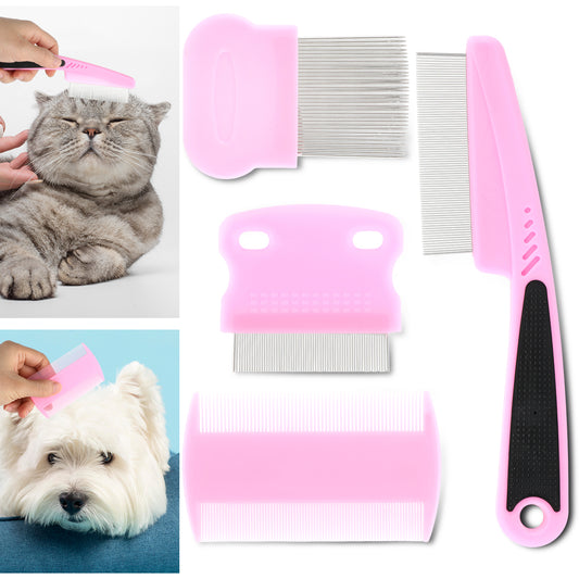 Molain Cat Dog Tear Stain Remover Comb Set, Pet Flea Lice Comb Grooming Comb Pet Hair Removal Tool Fur Comb for Puppy Kitten Multifunction (Pink)