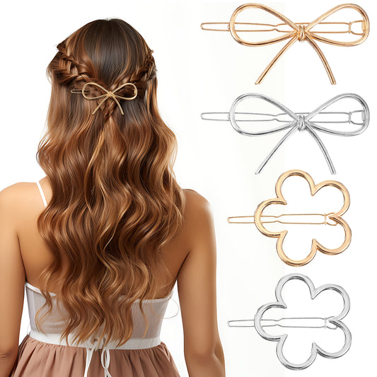 AOZUO 8Pcs Metal Bow Hairpins, Gold and Silver Flower Bobby Pins Bowknot Hair Clips Simple Stylish Hair Barrettes Chic Minimalist Hair Accessories for Women Girls