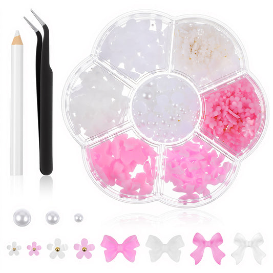 LXUEJIE 300 Pcs Bow Nail Charms and Flatback Pearls, White Pink Bowknot, 3D Cute Nail Charms, Bow-Knot Nails Stud Rhinestones Crystal for Jewelry DIY Crafts Nails Art Decoration Accessories