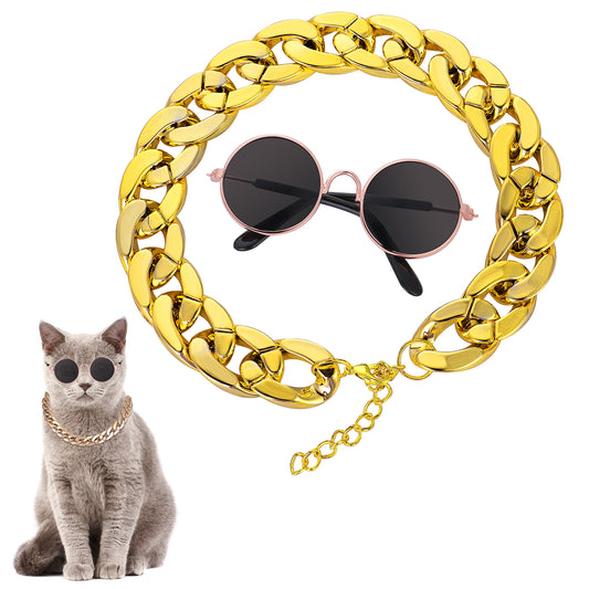 HJZHII Cat Costume Sunglasses with Collar Chain, Retro Pet Eyeglasses Funny Kittens Costume Docorations Cosplay Dog Puppies Photo Props for Birthday (Gold)