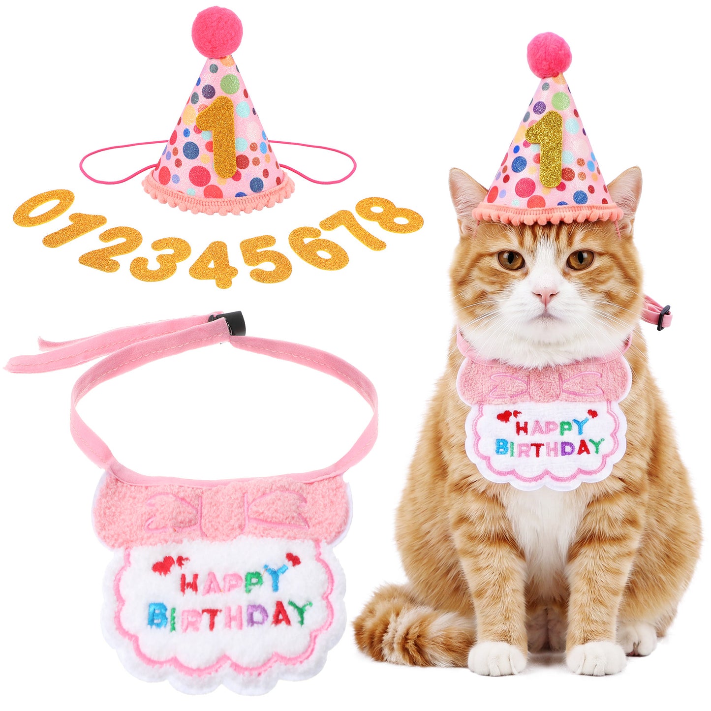 Cobee Cat Birthday Hat with Collar and Number, Cute Cat Birthday Party Supplies Pink Kitten Bandana Party Decorations Outfits for 0-8 Years Kitten(Pink)