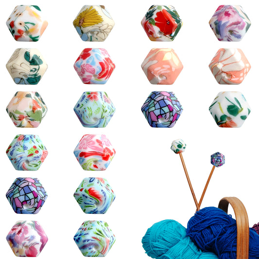 HJZHII 18 Pcs Knitting Needle Stoppers, Knitting Needle Point Protectors Hexagon Cute Print Knitting Needles Caps Silicone Stitch Holders Needles Tip Stoppers for Knittings Craft DIY