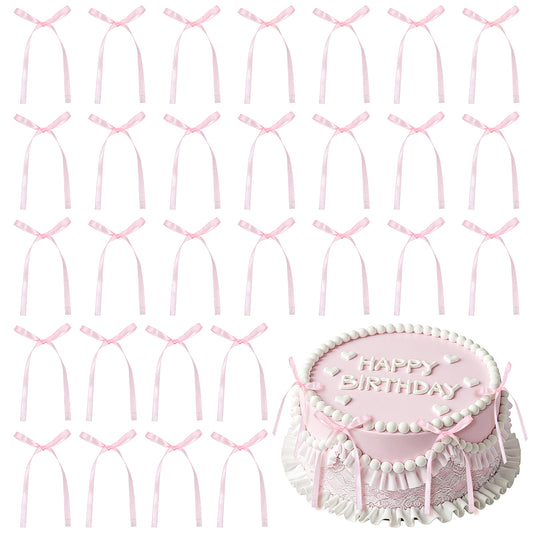 LIQWEI 30Pcs Pink Bows for Cake, Cake Bows for Decorating, Pink Bow Cupcake Topper Ribbon Bowknot for Cute Cakes, Baby Shower Cakes Topper for Balloon Wall Decoration, Birthday, Wedding Party Supplies